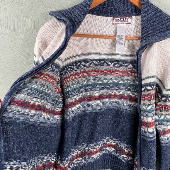Tiara International Women's Large Full Zip Cardigan Sweater Fair Isle Blue - Picture 6 of 9